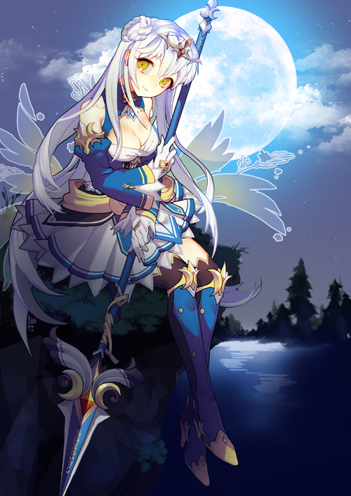 ara_han armor breasts cleavage cloud elsword full_body gloves holding holding_spear holding_weapon lake large_breasts long_hair moon night outdoors pika_(kai9464) polearm skirt smile solo spear star_(sky) tree weapon white_gloves white_hair white_skirt yellow_eyes