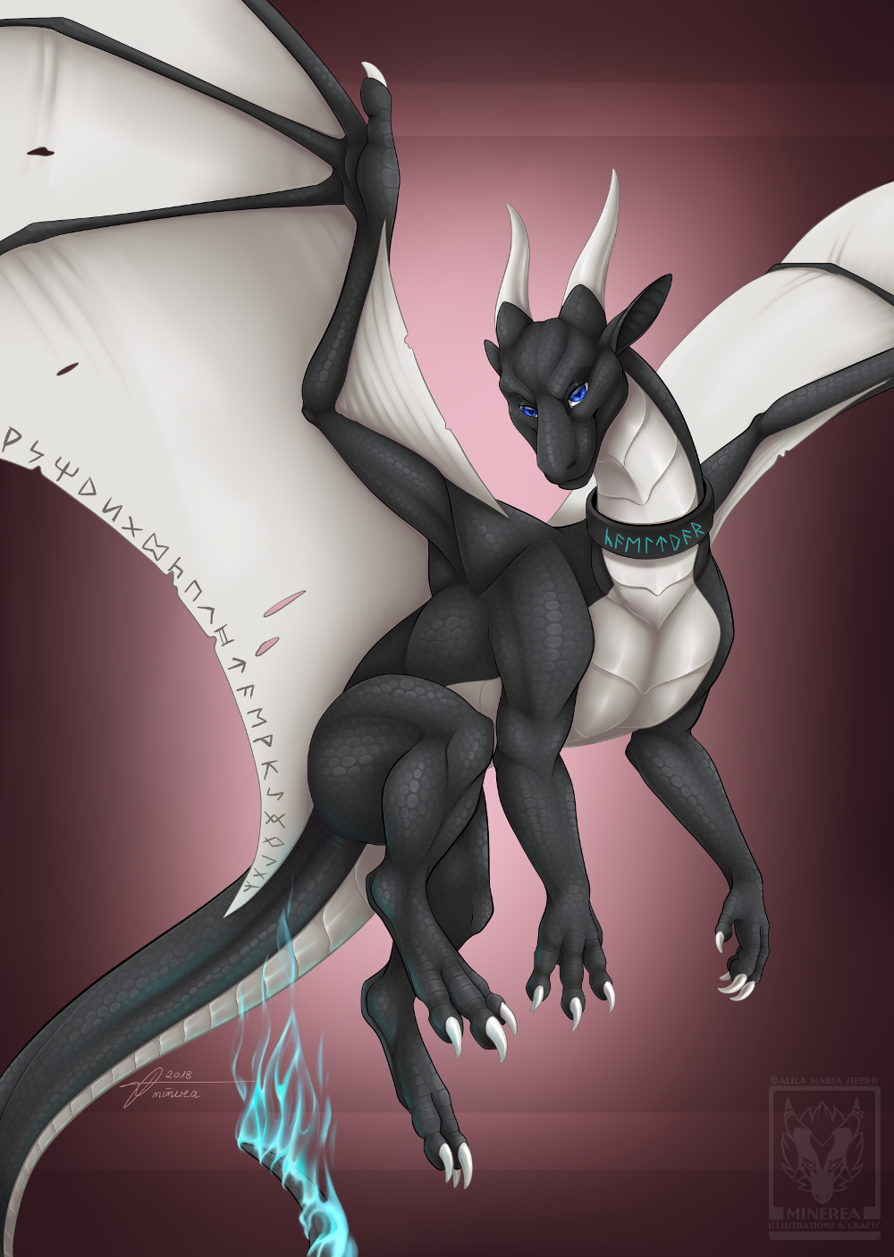 2018 3_toes 4_toes ambiguous_gender black_scales black_skin blue_eyes caelthar claws collar curved_horn digital_media_(artwork) dragon english_text feral fire flying front_view hi_res horn looking_at_viewer markings membranous_wings minerea naughty_face pinkdragonlove pinup pose purple_background quadruped scales scalie sharp_claws signature simple_background smile smooth_horn solo spread_wings text toe_claws toes torn_wings watermark western_dragon white_horn white_scales white_skin wings