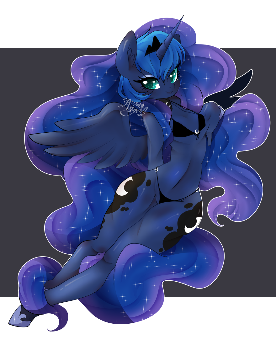 2018 anthro blue_feathers bra breasts clothed clothing cosmic_hair crown cute cutie_mark equine eyelashes eyeshadow feathered_wings feathers female flat_chested friendship_is_magic grey_background hair hooves horn long_hair looking_at_viewer makeup mammal mascara my_little_pony navel panties portrait princess_luna_(mlp) royalty signature simple_background smile snow_angel_(artist) solo teal_eyes thick_thighs thong underwear winged_unicorn wings