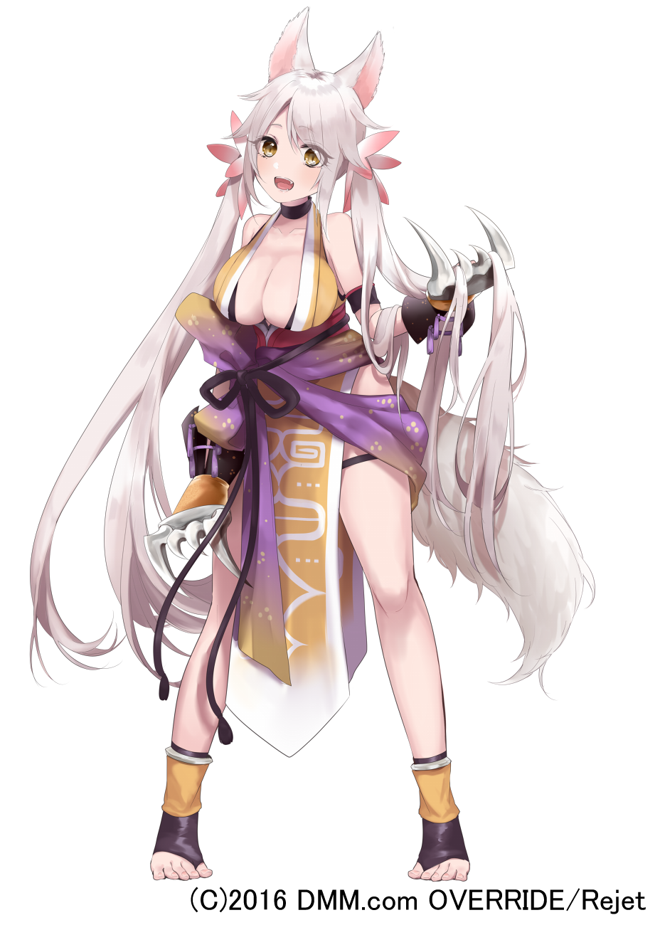 2016 :d animal_ears black_choker breasts brown_eyes choker cleavage collarbone fang flower full_body hair_flower hair_ornament highres icchi_banketsu large_breasts legs_apart long_hair misumi_(macaroni) open_mouth pink_flower simple_background smile solo standing tail toes twintails very_long_hair white_background