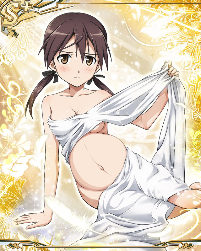 1girl blush breasts brown_eyes brown_hair cleavage gertrud_barkhorn looking_at_viewer medium_breasts navel pregnant sitting solo strike_witches twintails world_witches_series