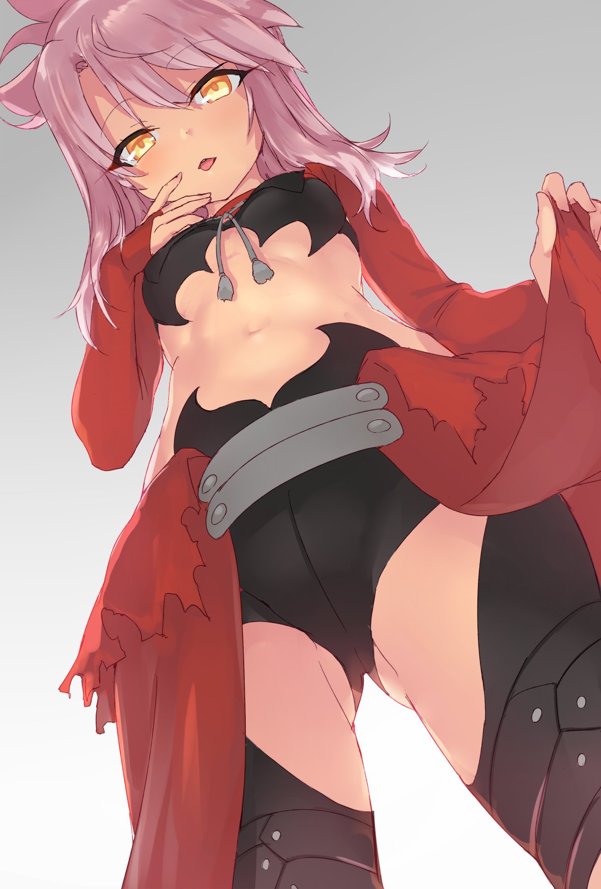 ass_visible_through_thighs bangs black_legwear blush breasts chloe_von_einzbern commentary_request dark_skin eyebrows_visible_through_hair eyelashes fate/grand_order fate/kaleid_liner_prisma_illya fate_(series) gradient gradient_background hair_between_eyes hand_on_own_chin highres hips long_hair looking_at_viewer midriff navel nishin_(nsn_0822) open_mouth parted_lips perspective pink_hair ponytail shrug_(clothing) small_breasts solo thighs tongue tongue_out waist_cape yellow_eyes
