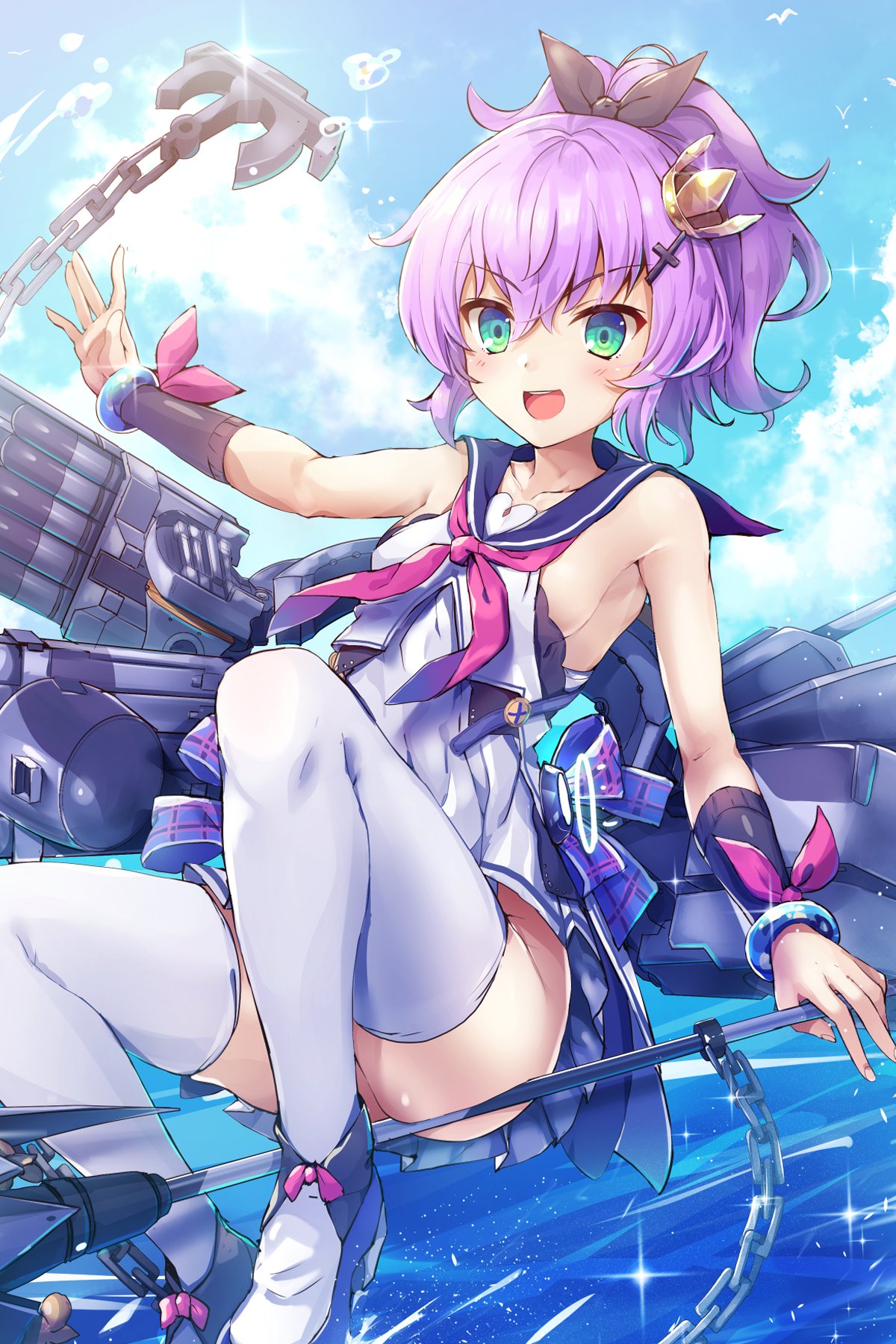 anchor armband armlet armpits ass azur_lane blue_eyes breasts chain collar collarbone commentary_request crown hair_ornament hair_ribbon hairclip highres javelin_(azur_lane) looking_at_viewer namesake open_mouth purple_hair remodel_(azur_lane) ribbon rigging samoore shoes sleeveless solo thighhighs torpedo_tubes water_drop weapon white_legwear