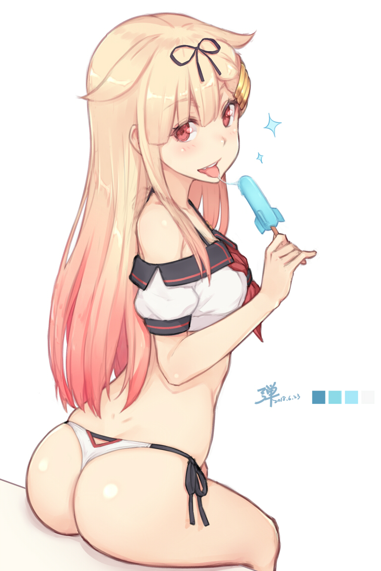 :p ass bikini bikini_bottom black_ribbon blonde_hair blush commentary_request dan_(kumadan) dated eyebrows_visible_through_hair food gradient_hair hair_between_eyes hair_ornament hair_ribbon kantai_collection long_hair looking_at_viewer looking_back multicolored_hair popsicle red_eyes red_hair remodel_(kantai_collection) ribbon saliva saliva_trail side-tie_bikini signature simple_background sitting skindentation solo sparkle swimsuit tongue tongue_out white_background yuudachi_(kantai_collection)
