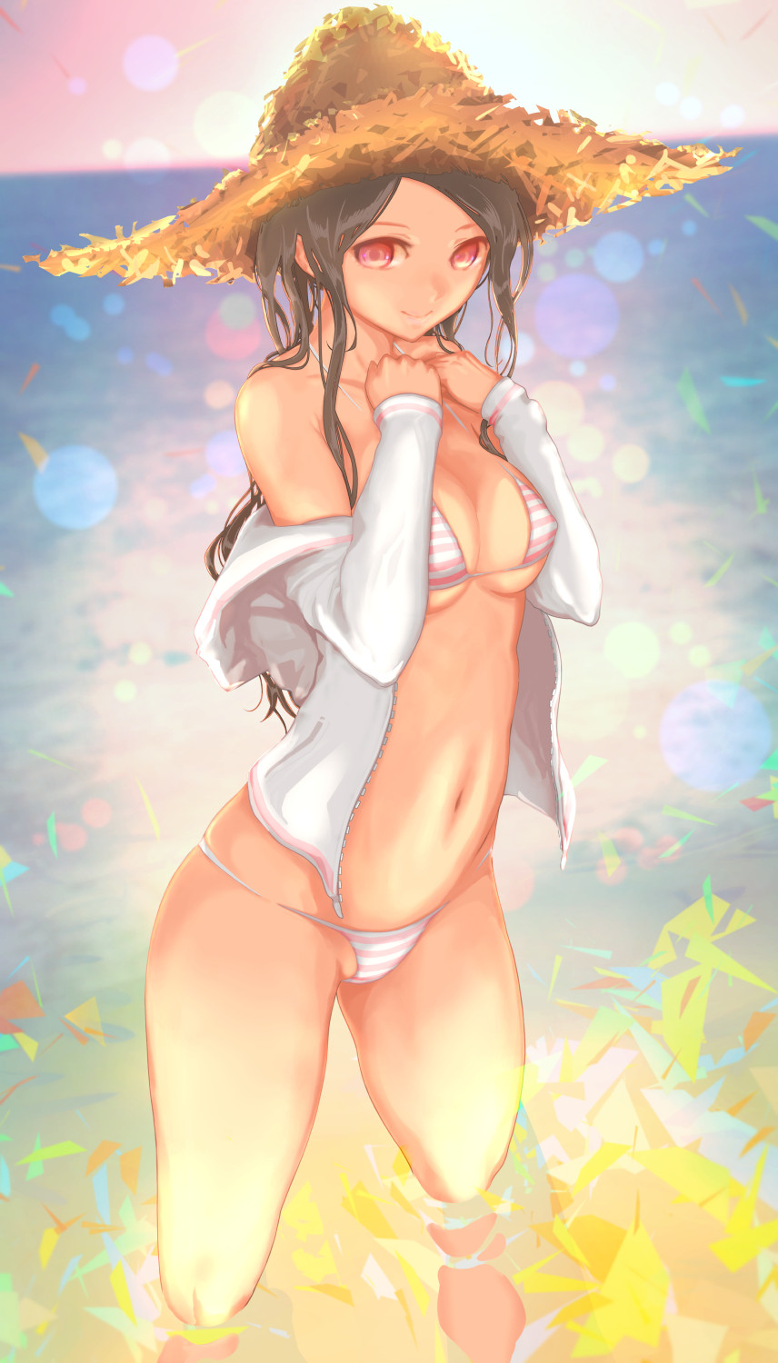 bikini black_hair blurry blurry_background breasts hat highres jacket legs_apart long_hair looking_at_viewer medium_breasts navel off_shoulder open_clothes open_jacket original pandarou red_eyes smile solo standing straw_hat striped striped_bikini swimsuit water