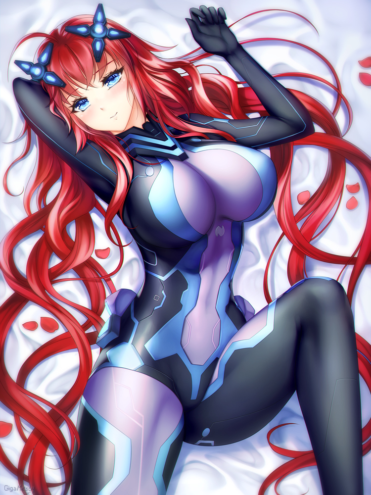 ahoge blue_eyes blush bodysuit breasts commentary commission cosplay english_commentary gigamessy high_school_dxd large_breasts long_hair lying neptune_(series) next_purple next_purple_(cosplay) on_back petals purple_heart red_hair rias_gremory shin_jigen_game_neptune_vii smile solo very_long_hair