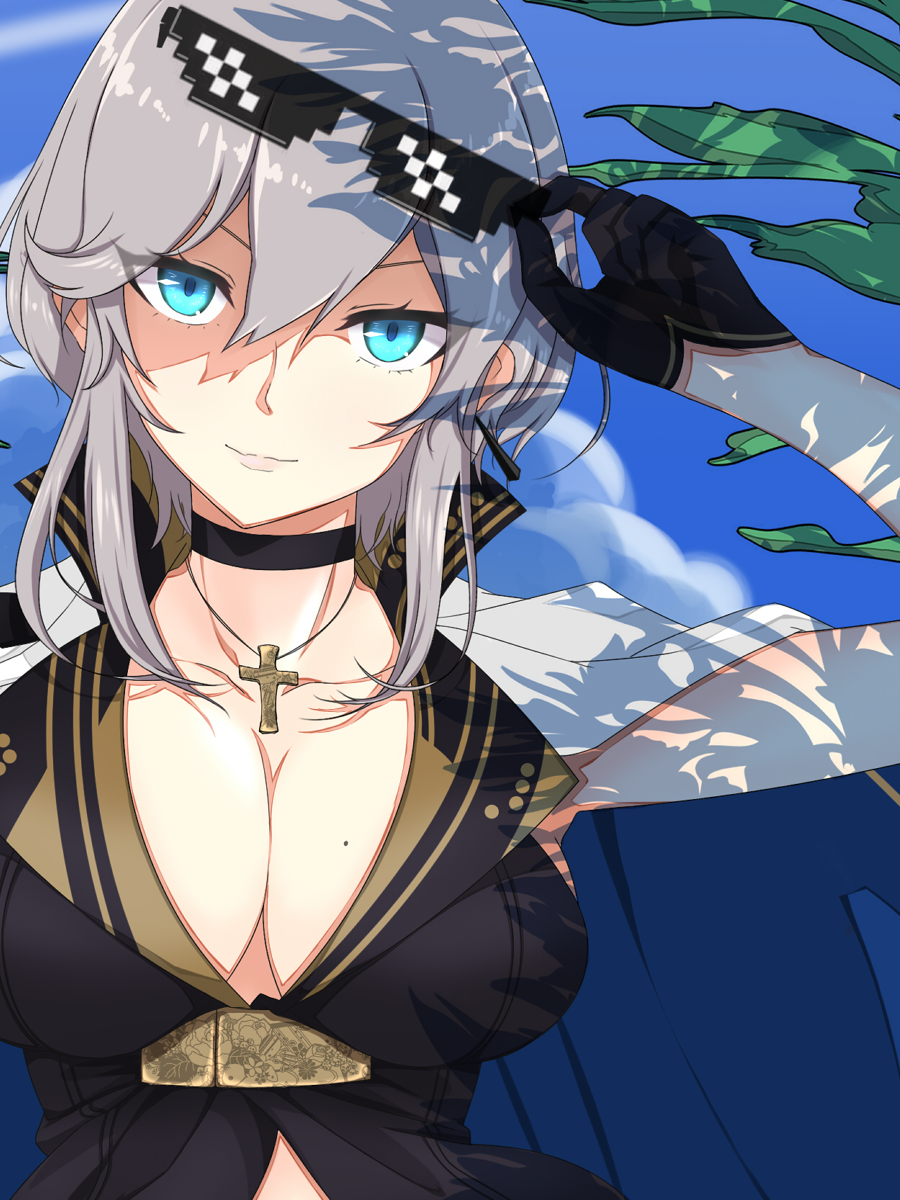azur_lane bangs black_choker black_gloves blue_eyes blue_sky breasts choker cleavage cloud collarbone commentary_request cross cross_necklace day deal_with_it earrings eyes_visible_through_hair gloves hair_between_eyes head_tilt highres holding holding_eyewear jewelry large_breasts looking_at_viewer meme mlg mole mole_on_breast necklace outdoors r_n_(kisaragiyurii) shade short_hair sidelocks silver_hair sky sleeveless smile solo sunglasses washington_(azur_lane)