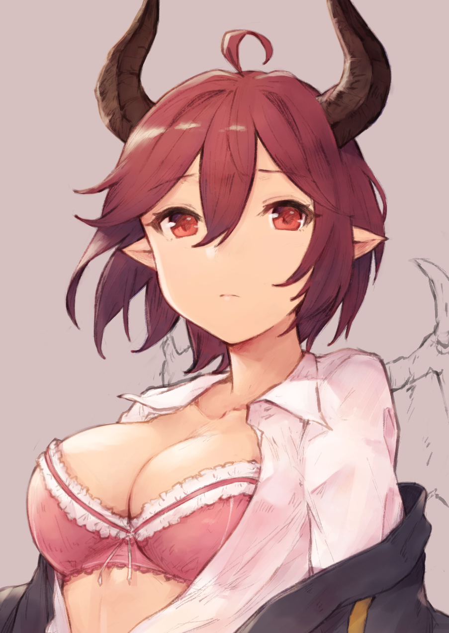 ahoge bra breasts cleavage closed_mouth commentary_request eyebrows_visible_through_hair granblue_fantasy grea_(shingeki_no_bahamut) highres horns koretsuki_azuma medium_breasts open_clothes open_shirt pointy_ears red_bra red_eyes red_hair shingeki_no_bahamut shirt short_hair sketch solo underwear upper_body white_shirt wings
