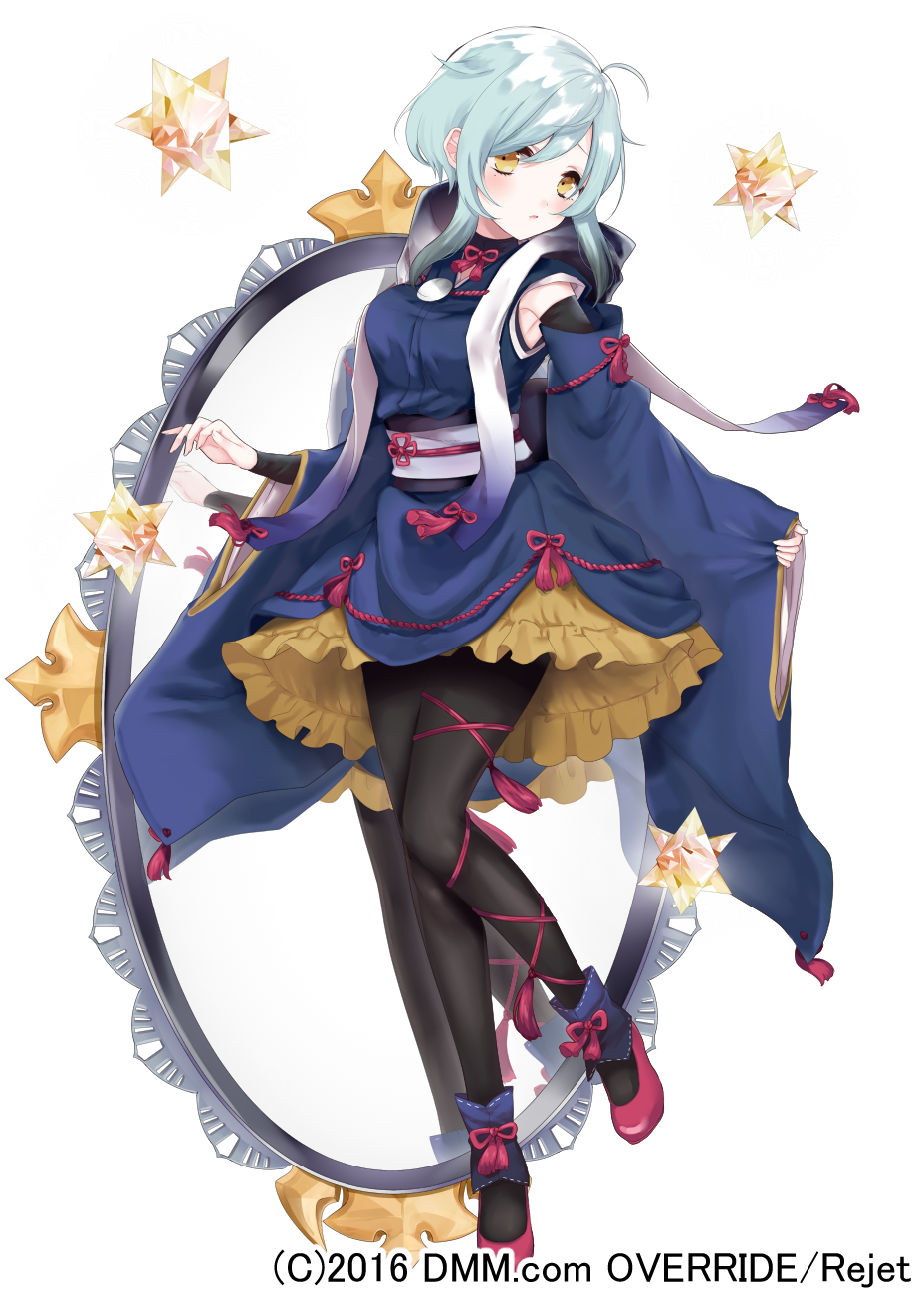 2016 :o ahoge ankle_ribbon black_legwear blue_dress blush commentary_request detached_sleeves dress full_body highres icchi_banketsu knees_together leg_ribbon long_sleeves looking_at_viewer misumi_(macaroni) pantyhose red_footwear red_ribbon ribbon short_hair sidelocks silver_hair solo standing standing_on_one_leg thigh_ribbon white_background yellow_eyes