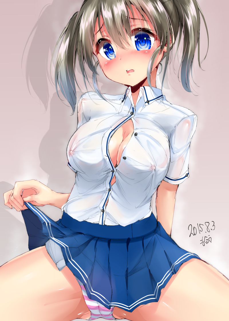 ass_visible_through_thighs blue_eyes blue_skirt blush breasts brown_background brown_hair cleavage collared_shirt copyright_request covered_nipples dated embarrassed gradient gradient_background lifted_by_self looking_at_viewer mokufuu open_mouth panties pink_panties pleated_skirt shadow shirt short_sleeves skirt skirt_lift solo spread_legs striped striped_panties thighs twintails underwear upskirt white_panties white_shirt