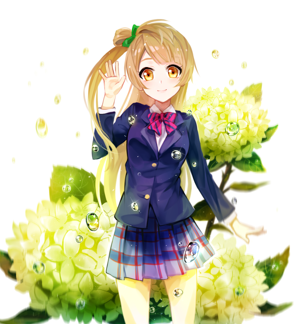 berii_(cad_berry) blue_jacket blue_skirt bow bowtie brown_hair cowboy_shot flower green_bow hair_bow jacket long_hair looking_at_viewer love_live! love_live!_school_idol_project minami_kotori miniskirt pleated_skirt red_bow red_neckwear school_uniform shirt side_ponytail skirt smile solo standing striped striped_bow striped_neckwear uniform very_long_hair white_shirt yellow_eyes yellow_flower