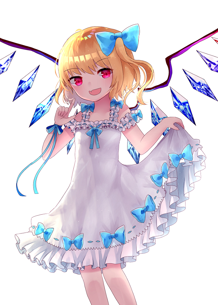 alternate_costume arm_up bangs blonde_hair blue_bow bow cropped_legs dress eyebrows_visible_through_hair fang feet_out_of_frame flandre_scarlet flat_chest frilled_dress frills hair_bow index_finger_raised lifted_by_self looking_at_viewer no_hat no_headwear open_mouth red_eyes sakipsakip side_ponytail simple_background skirt_hold sleeveless sleeveless_dress solo swept_bangs touhou white_background white_dress wings
