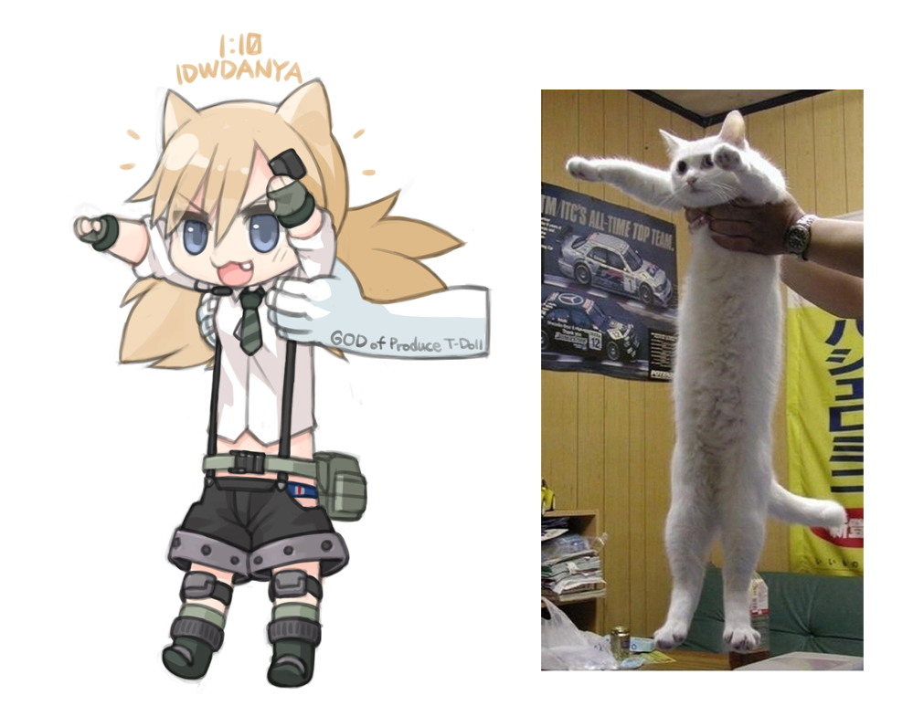 :3 animal_ears blonde_hair blue_eyes blue_panties boots cat_ears collared_shirt commentary fang fanny_pack fingerless_gloves girls_frontline gloves green_footwear grey_gloves hair_ornament hairclip holding_person idw_(girls_frontline) lifting_person longcat meme necktie open_mouth panties ran_system shirt short_shorts shorts sleeves_rolled_up smile suspender_shorts suspenders tsurime twintails underwear v-shaped_eyebrows white_shirt