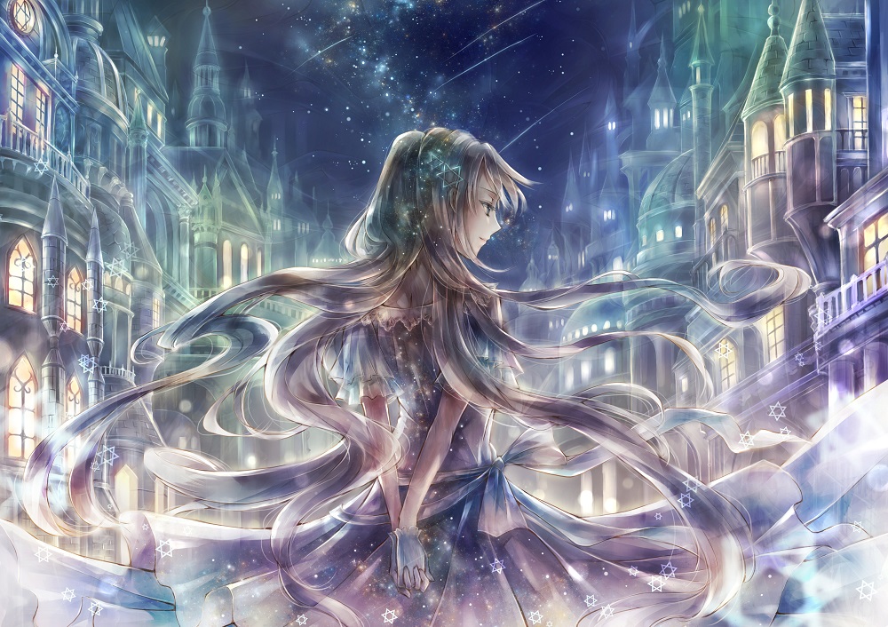 arms_behind_back dress floating_hair from_behind gloves hair_ornament hands_together long_hair misaki_yuu_(misaki_1192) night original outdoors short_sleeves sky smile solo standing star star_(sky) star_hair_ornament starry_sky very_long_hair white_gloves