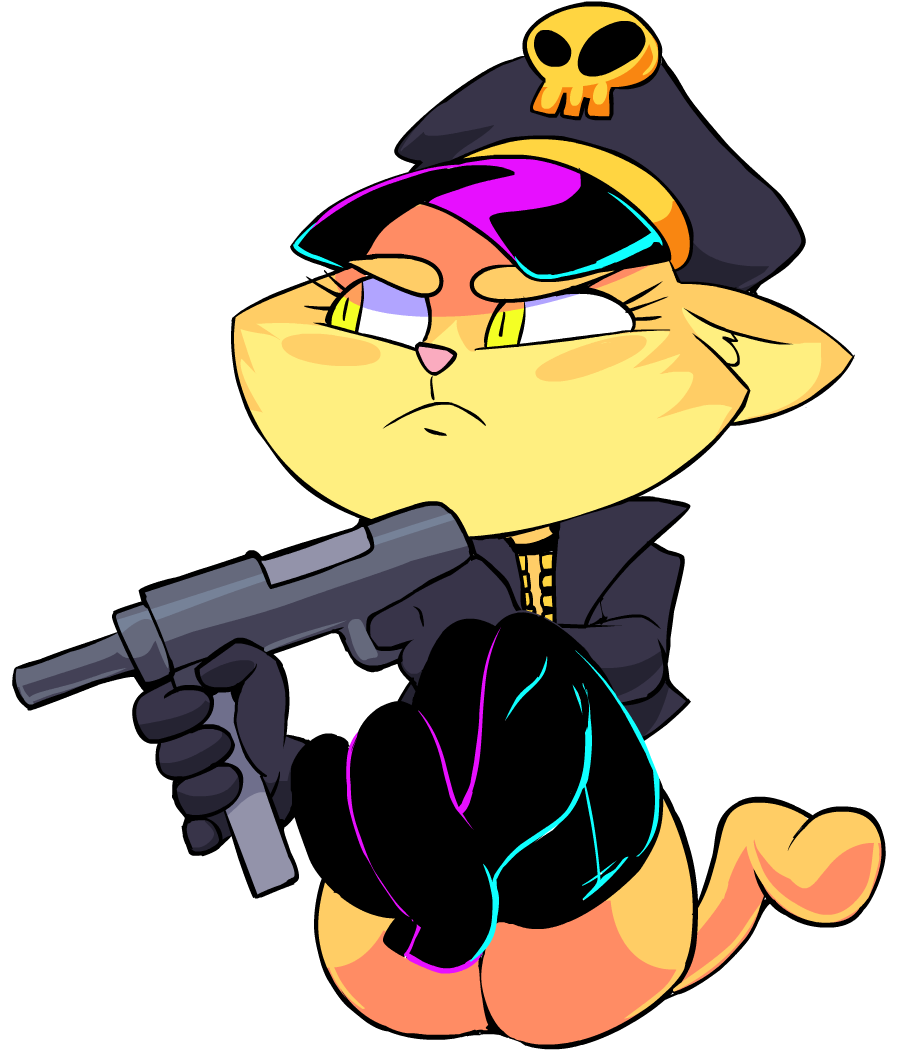 alpha_channel anthro cat chibi clothing feline female gloves gun hat jacket leather_boots mammal ranged_weapon simple_background sitting solo transparent_background vimhomeless weapon