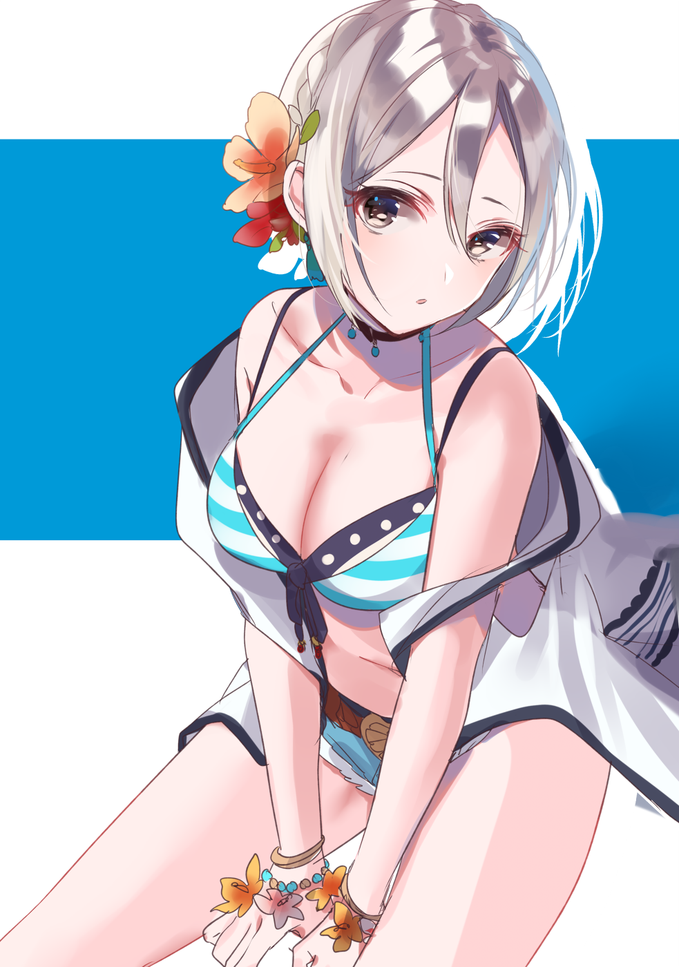 :o bangs bare_shoulders between_legs bikini_top blue_background blue_shorts bracelet breasts brown_eyes cleavage collarbone cutoffs denim denim_shorts flower hair_between_eyes hair_flower hair_ornament hand_between_legs highres idolmaster idolmaster_cinderella_girls jewelry medium_breasts misumi_(macaroni) off_shoulder orange_flower parted_lips red_flower shiomi_shuuko short_hair short_shorts shorts silver_hair sitting solo striped striped_bikini_top two-tone_background vest white_background white_vest