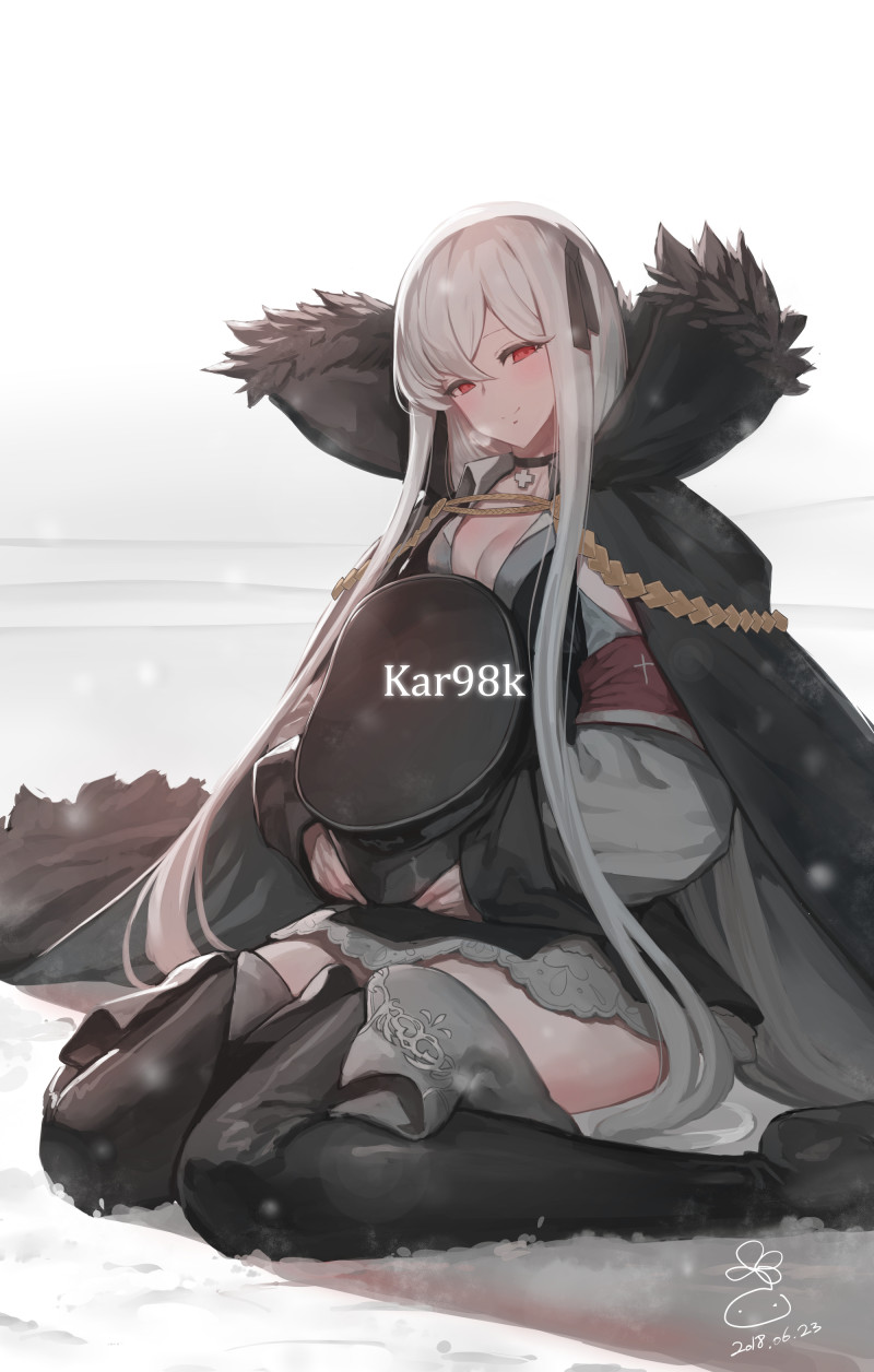 aiguillette armband bangs black_coat black_footwear black_hat black_ribbon black_skirt blush boots breasts character_name choker cleavage coat collared_shirt commentary cross_choker dated fur-trimmed_coat fur_trim girls_frontline hair_between_eyes hair_ribbon half-closed_eyes hat hat_removed head_tilt headwear_removed highres holding holding_hat iron_cross jacket_on_shoulders kar98k_(girls_frontline) long_hair looking_at_viewer md5_mismatch outdoors oversized_clothes peaked_cap red_eyes ribbon shirt sidelocks signature sitting skirt smile snow snowing solo suerte thigh_boots thighhighs thighs very_long_hair wariza white_hair