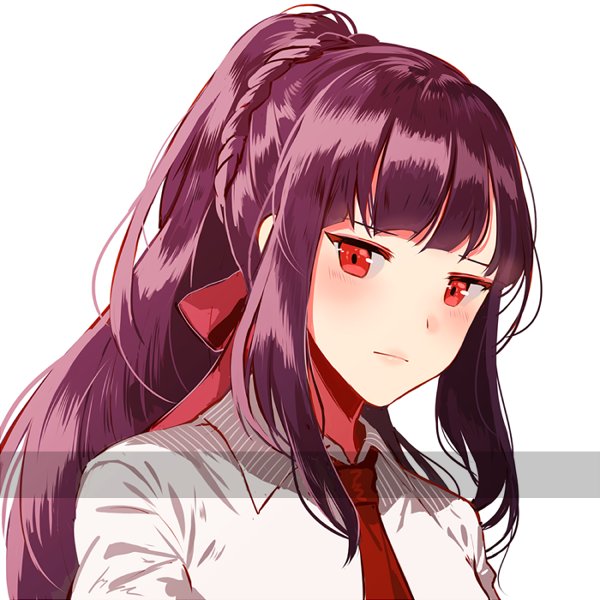 alternate_hairstyle bangs blush breasts closed_mouth collared_shirt commentary_request eyebrows_visible_through_hair girls_frontline hair_ribbon korean_commentary large_breasts long_hair looking_at_viewer necktie ponytail purple_hair red_eyes red_neckwear red_ribbon ribbon shirt sidelocks silence_girl simple_background solo upper_body very_long_hair wa2000_(girls_frontline) white_background white_shirt