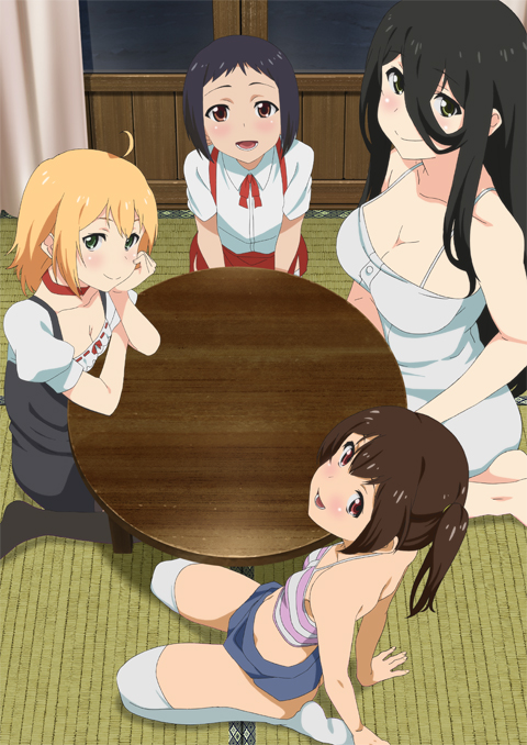 4girls age_difference bare_shoulders black_hair blonde_hair breasts brown_eyes brown_hair cleavage dress giantess green_eyes hanako-san hasshaku-sama height_difference large_breasts loli long_hair looking_at_viewer multiple_girls official_art red_eyes short_hair sitting small_breasts smile stockings toshi_densetsu_series