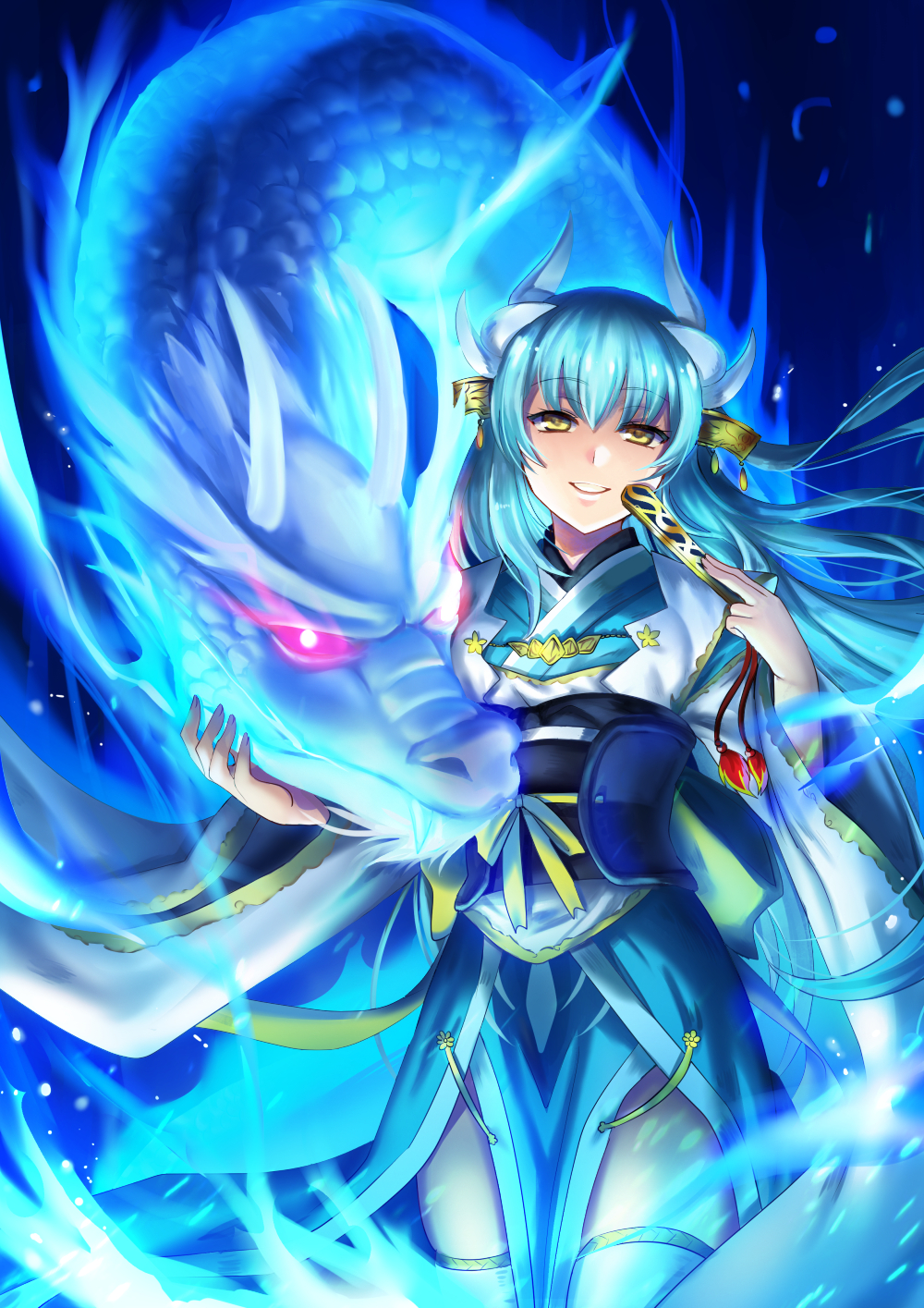 blue_hair blue_kimono cowboy_shot dragon fan fate/grand_order fate_(series) floating_hair forest grin hair_ornament highres holding holding_fan horns japanese_clothes kimono kiyohime_(fate/grand_order) long_hair looking_at_viewer nature pixiv_fate/grand_order_contest_1 ribbon sanaki_(mookeymuknet) smile solo standing thighhighs very_long_hair white_legwear yellow_eyes yellow_ribbon
