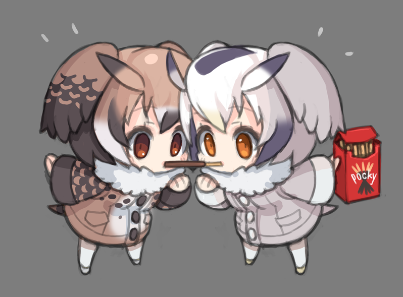 animal_ears bird_tail brown_eyes brown_hair chibi coat commentary eurasian_eagle_owl_(kemono_friends) food fur_collar head_wings kemono_friends multicolored_hair multiple_girls northern_white-faced_owl_(kemono_friends) owl_ears pocky pocky_kiss ran_system shared_food white_hair yellow_eyes