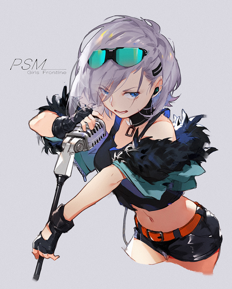 alternate_costume bare_shoulders black_gloves black_shorts blue_eyes breasts character_name choker copyright_name cowboy_shot crop_top cropped_legs earphones eyebrows_visible_through_hair eyes_visible_through_hair eyewear_on_head feather_trim girls_frontline gloves grey_background grey_hair hair_ornament hairclip medium_breasts microphone microphone_stand midriff navel off_shoulder open_mouth orange_belt partly_fingerless_gloves psm_(girls_frontline) short_hair short_sleeves shorts simple_background sketch sola7764 solo teeth zipper