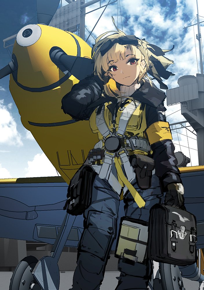 adjusting_hair aircraft bag bf_109 blonde_hair blue_sky clipboard cloud day eyebrows_visible_through_hair from_below goggles goggles_on_head harness landing_gear looking_at_viewer military military_vehicle original propeller red_eyes satchel siqi_(miharuu) sketch sky smile solo