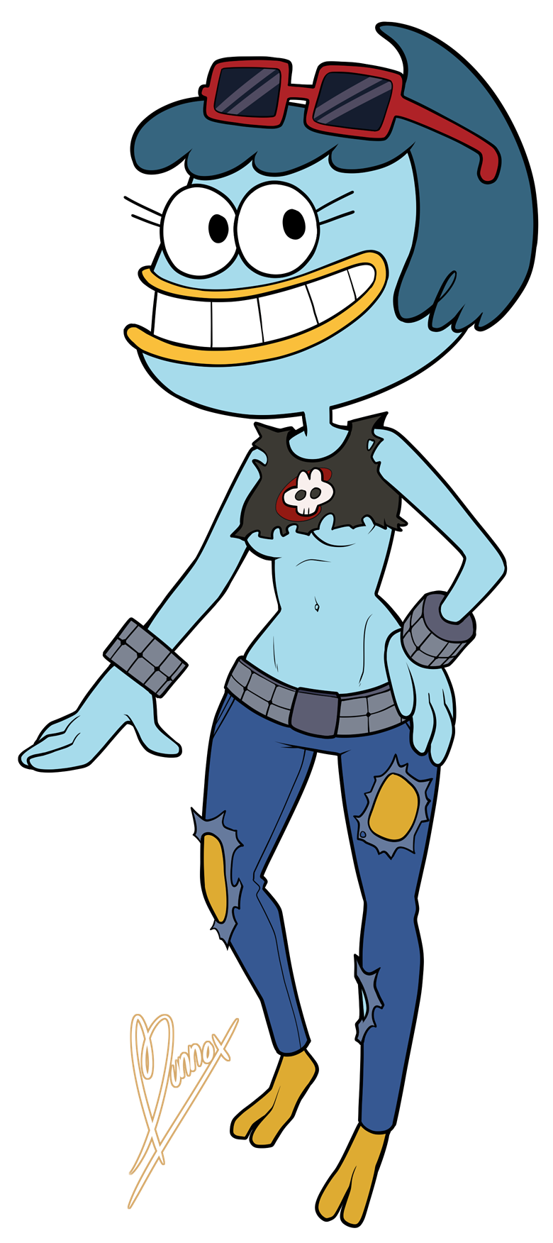 2018 4_fingers alpha_channel armband avian barefoot bird blue_feathers blue_hair breasts bunnox clothing digital_media_(artwork) feathers female hair hand_on_hip harvey_beaks_(series) hi_res jeans looking_at_viewer mature_female midriff miriam_beaks navel non-mammal_breasts pants pose short_hair simple_background smile solo standing transparent_background under_boob