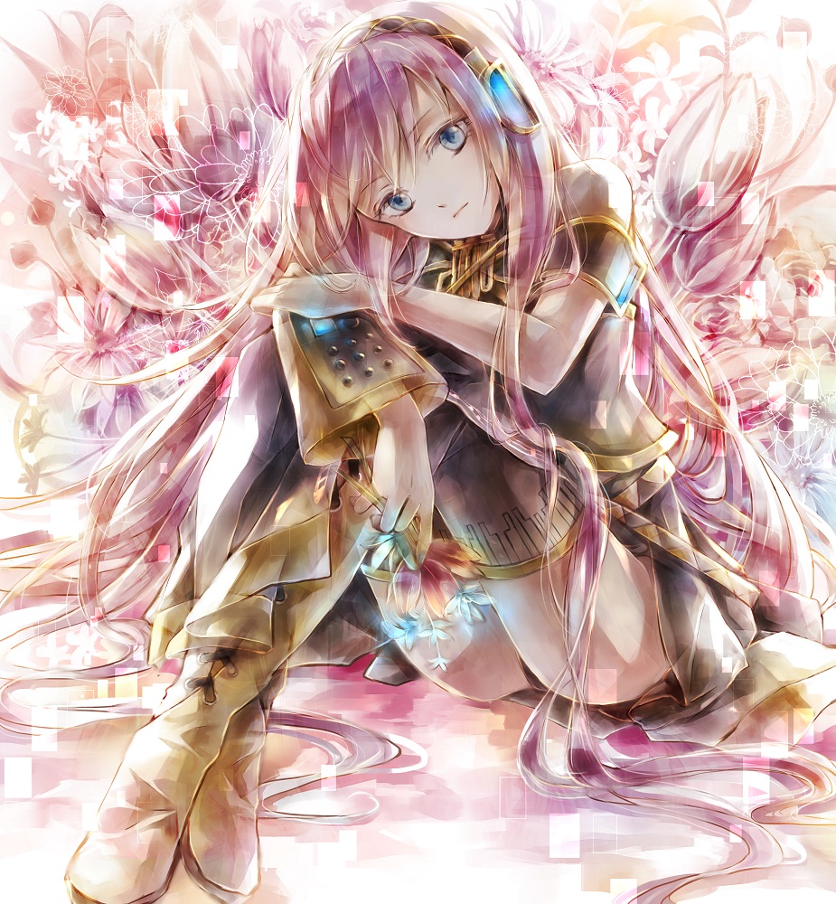 black_footwear black_panties black_skirt blue_eyes boots flower full_body hair_between_eyes head_tilt long_hair looking_at_viewer megurine_luka miniskirt misaki_yuu_(misaki_1192) panties pantyshot pantyshot_(sitting) pink_flower pink_hair short_sleeves sitting skirt solo thigh_boots thighhighs underwear very_long_hair vocaloid