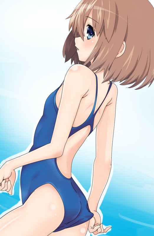 adjusting_clothes adjusting_swimsuit arm_at_side ass back back_cutout bangs blue_background blue_eyes blue_swimsuit blush body_blush breasts brown_hair clenched_hand competition_swimsuit eyebrows_visible_through_hair from_side gradient gradient_background hair_between_eyes iwasi-r looking_at_viewer neptune_(series) one-piece_swimsuit parted_bangs parted_lips profile rom_(choujigen_game_neptune) short_hair sideways_glance small_breasts smile solo standing swimsuit white_background