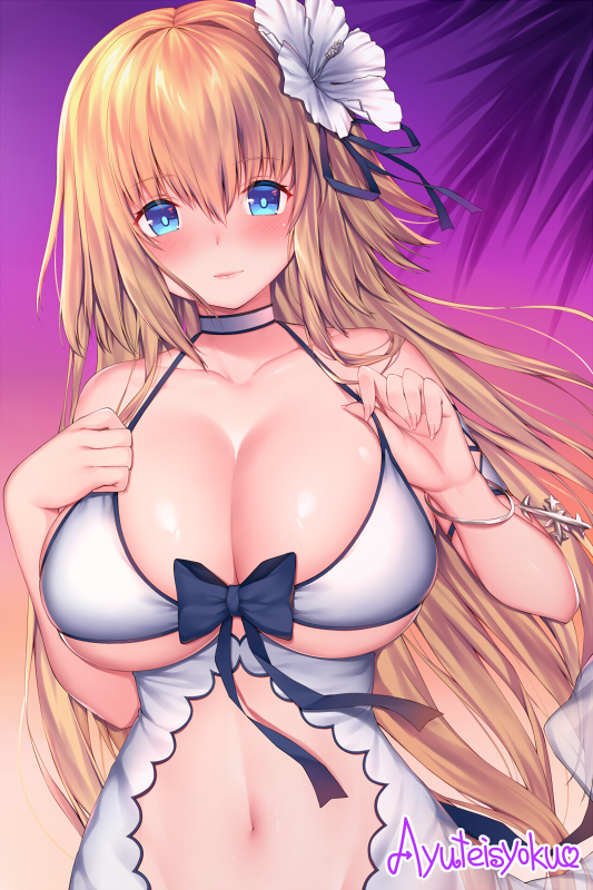 blonde_hair blue_eyes blush bracelet breasts choker cleavage collarbone fate/grand_order fate_(series) flower gradient gradient_background hair_flower hair_ornament jeanne_d'arc_(fate) jeanne_d'arc_(fate)_(all) jewelry large_breasts long_hair looking_at_viewer navel palm_tree smile solo strap_pull tree twitter_username xayux