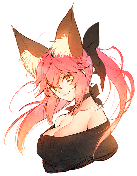 animal_ear_fluff animal_ears black_ribbon breasts casual cleavage collarbone fang fate_(series) fox_ears hair_ribbon large_breasts looking_at_viewer off_shoulder pink_hair ribbon simple_background solo tamamo_(fate)_(all) tamamo_no_mae_(fate) white_background yellow_eyes yunomitootya