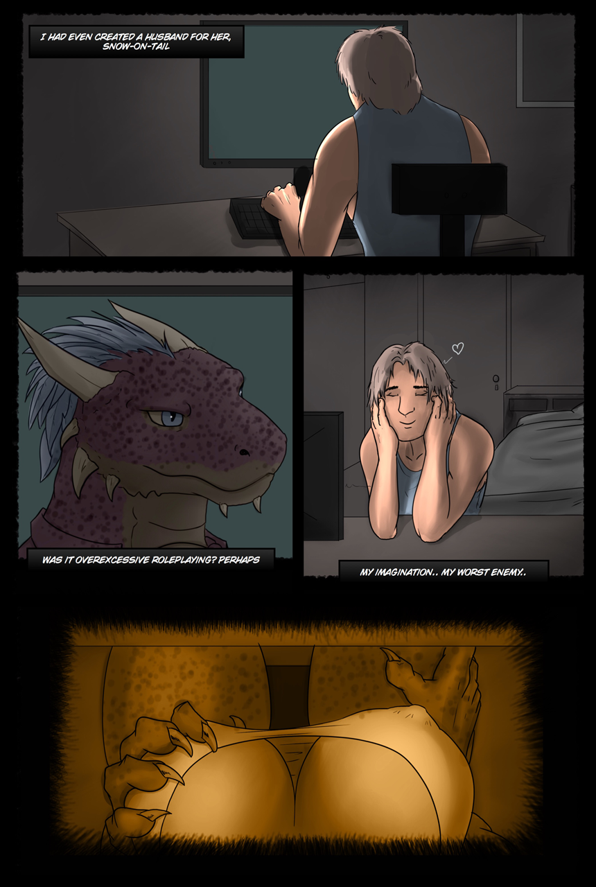 &lt;3 anthro argonian blacktigerr blue_eyes breast_grab breasts claws cleavage clothed clothing comic english_text erect_nipples fantasizing feathers female hand_on_breast horn human male mammal nipples scalie shimmers-in-starlight_(renlu) snow-on-tail_(renlu) solo text the_elder_scrolls transformation video_games