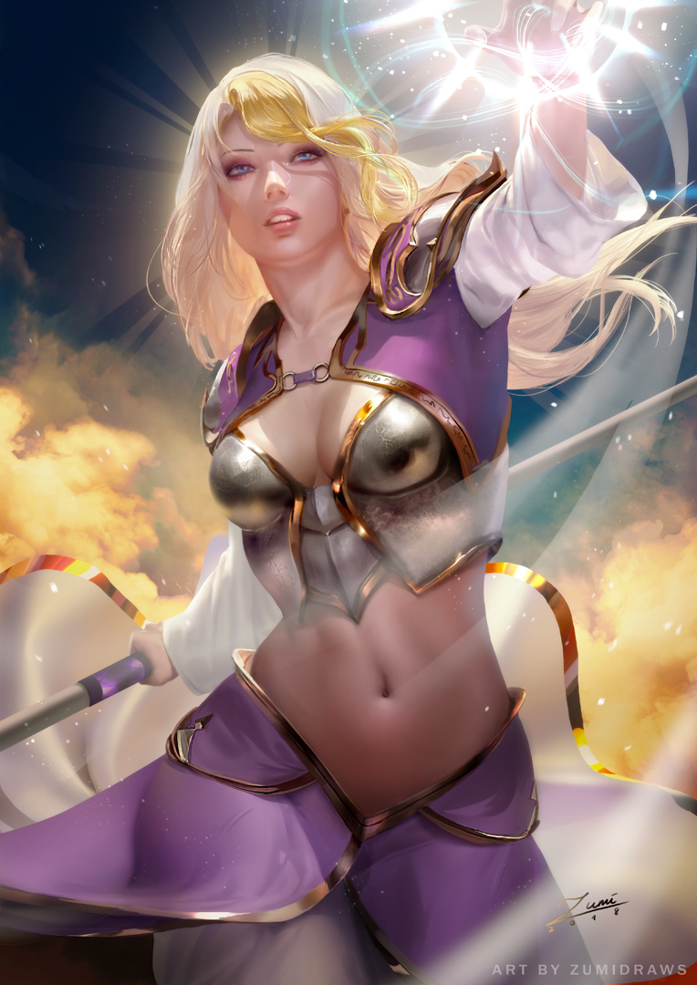 armor artist_name blonde_hair blue_eyes breasts cleavage collarbone commentary cowboy_shot dated gold_trim half-closed_eyes halo holding jaina_proudmoore large_breasts lips long_hair looking_at_viewer midriff multicolored_hair navel parted_lips reaching_out realistic shrug_(clothing) signature silver_hair sky smile solo staff standing toned two-tone_hair warcraft world_of_warcraft zumi_(zumidraws)