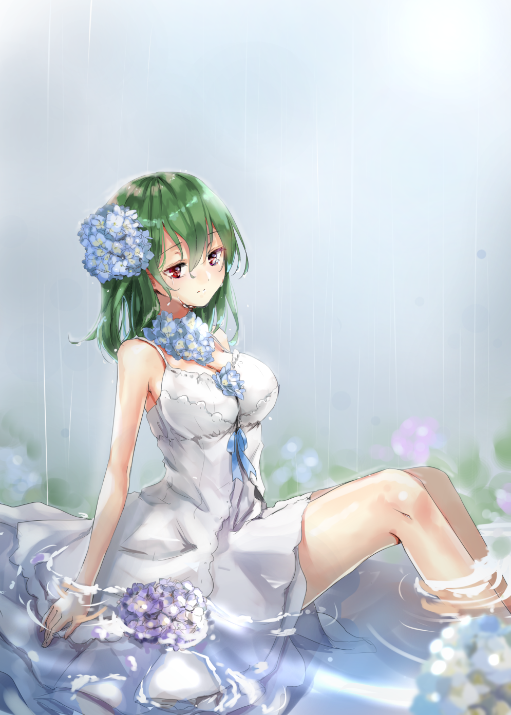 alternate_costume bare_arms bare_shoulders blue_flower blue_ribbon breasts cleavage commentary crying crying_with_eyes_open dress eyebrows_visible_through_hair feet_out_of_frame flower green_hair hair_between_eyes hair_flower hair_ornament highres hydrangea hydrangea_hair_ornament kazami_yuuka large_breasts long_hair looking_at_viewer purple_flower rain red_eyes ribbon shironeko_yuuki sitting solo spaghetti_strap tears thighs touhou water wet wet_hair white_dress