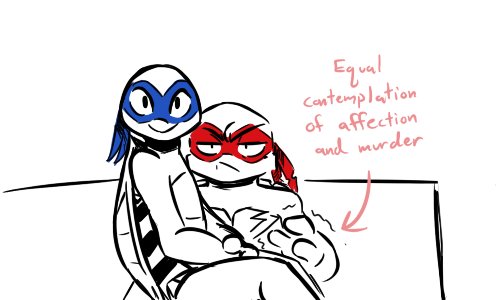 2018 anthro bandanna chipped_shell duo english_text inkyfrog leonardo_(tmnt) looking_at_viewer male mask mole_(marking) on_lap partially_colored raphael_(tmnt) reptile scalie shaking shell simple_background sitting_on_lap teenage_mutant_ninja_turtles text turtle white_background