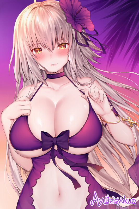 bikini blush bracelet breasts choker cleavage collarbone fate/grand_order fate_(series) flower gradient gradient_background hair_flower hair_ornament jeanne_d'arc_(alter)_(fate) jeanne_d'arc_(fate)_(all) jewelry large_breasts long_hair looking_at_viewer navel palm_tree parted_lips purple_bikini purple_ribbon ribbon silver_hair smile solo strap_pull swimsuit tree twitter_username xayux yellow_eyes