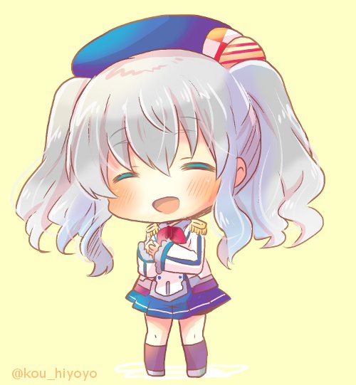 :d bangs beret black_legwear blue_skirt blush buttons chibi closed_eyes collared_shirt commentary_request epaulettes eyebrows_visible_through_hair facing_viewer frilled_sleeves frills full_body grey_shirt hair_between_eyes happy hat jacket kantai_collection kashima_(kantai_collection) kerchief kneehighs kouu_hiyoyo long_sleeves military military_jacket miniskirt neckerchief open_mouth pleated_skirt red_neckwear shirt sidelocks silver_hair simple_background skirt smile solo standing twintails twitter_username wavy_hair white_jacket yellow_background