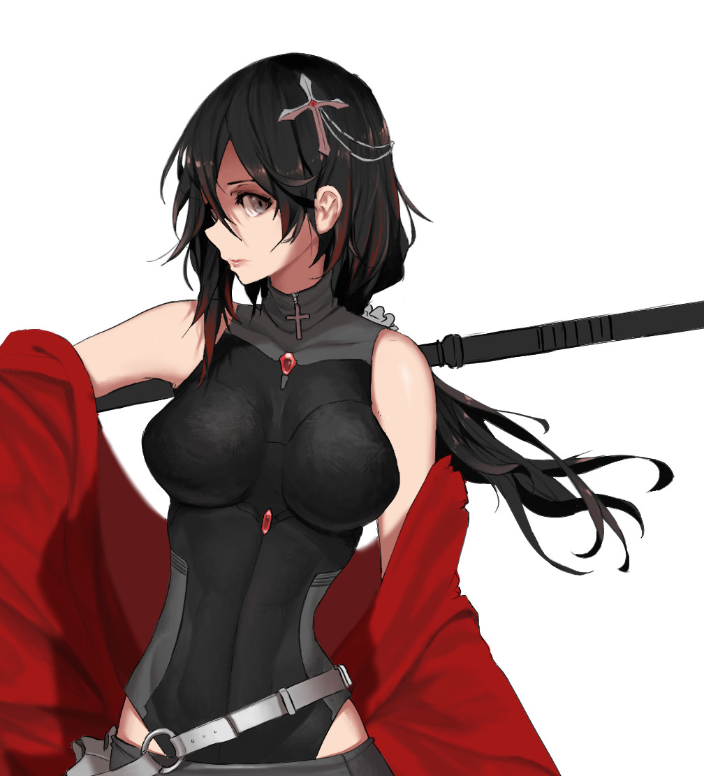 alternate_hair_length alternate_hairstyle bare_hips bare_shoulders belt black_eyes black_hair black_leotard breasts commentary cross_hair_ornament dishwasher1910 english_commentary hair_ornament large_breasts leotard lips long_hair looking_at_viewer off_shoulder older ruby_rose rwby simple_background solo weapon white_background