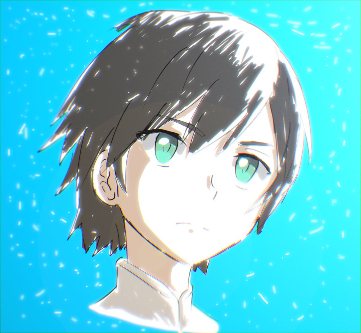 bangs black_hair blue_background closed_mouth commentary_request darling_in_the_franxx eyebrows_visible_through_hair green_eyes hiro_(darling_in_the_franxx) male_focus rx25257357 solo