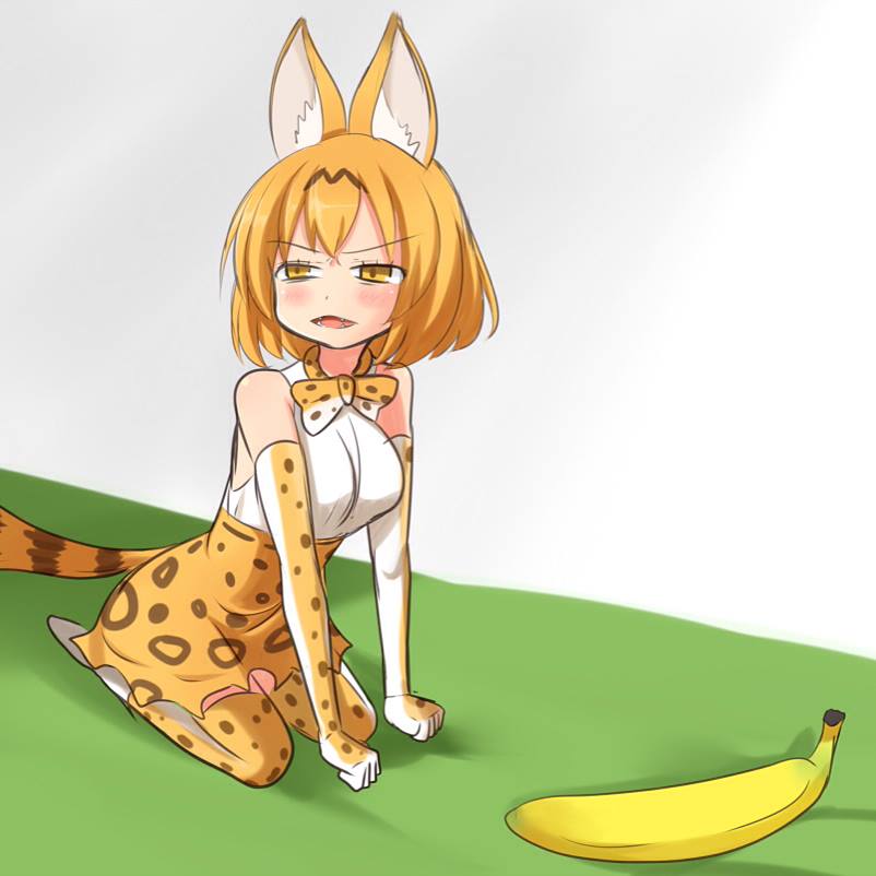 :3 animal_ears banana bangs bare_shoulders blush bob_cut bow bowtie breasts brown_hair clenched_hands commentary elbow_gloves eyebrows_visible_through_hair fangs food from_side fruit gloves half-closed_eyes high-waist_skirt kemono_friends looking_to_the_side medium_breasts meme multicolored_hair open_mouth orange_eyes orange_gloves orange_hair orange_legwear orange_neckwear orange_skirt parody photo-referenced print_gloves print_legwear print_neckwear print_skirt real_life seiza serval_(kemono_friends) serval_ears serval_girl serval_print serval_tail setia_pradipta shirt short_hair sitting skirt sleeveless sleeveless_shirt solo streaked_hair tail thighhighs two-tone_hair v-shaped_eyebrows white_footwear white_shirt