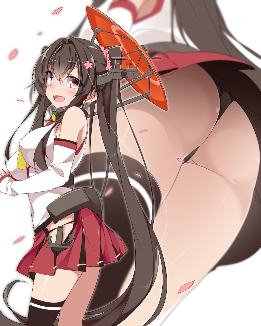 :d anchor ass black_legwear black_panties breasts brown_eyes brown_hair commentary flower from_below hair_between_eyes hair_flower hair_ornament highres hip_vent holding holding_umbrella kantai_collection large_breasts long_hair miniskirt mtu_(orewamuzituda) multiple_views open_mouth oriental_umbrella panties petals pink_flower pleated_skirt ponytail red_skirt simple_background single_thighhigh skirt smile thighhighs umbrella underwear very_long_hair white_background yamato_(kantai_collection)
