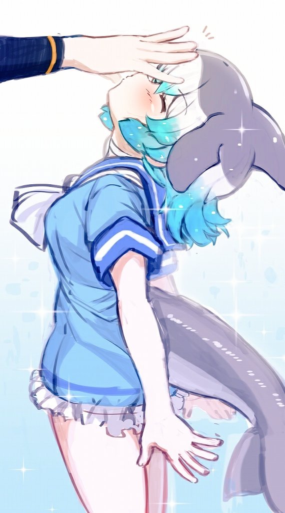 blue_background blue_hair blush choker closed_eyes commentary common_bottlenose_dolphin_(kemono_friends) dolphin_tail eyebrows_visible_through_hair fins from_side gradient gradient_background grey_hair head_fins kemono_friends multicolored_hair out_of_frame petting sailor_collar short_sleeves solo_focus sparkle tail_fin tanaka_kusao white_background white_choker white_hair