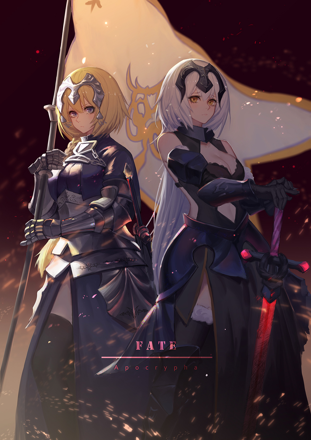 armor armored_dress bangs banner bare_shoulders black_dress black_gloves black_legwear blonde_hair blue_dress blue_eyes blurry bracer braid breasts chain cleavage closed_mouth collarbone depth_of_field dress elbow_gloves eyebrows_visible_through_hair fate/apocrypha fate/grand_order fate_(series) faulds fur-trimmed_gloves fur-trimmed_legwear fur_trim gauntlets gloves grey_hair hair_between_eyes hand_on_hilt hand_on_shoulder headpiece highres holding jeanne_d'arc_(alter)_(fate) jeanne_d'arc_(fate) jeanne_d'arc_(fate)_(all) long_dress long_hair looking_at_viewer medium_breasts multiple_girls navel_cutout plackart planted_sword planted_weapon pre_(17194196) sheath sheathed single_braid sleeveless sleeveless_dress sparks standing sword thighhighs very_long_hair weapon yellow_eyes
