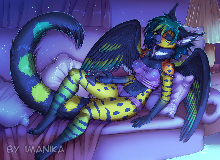 2018 anthro avian beak bedding blanket breasts claws clothed clothing controller detailed_background digital_media_(artwork) feathered_wings feathers female game_controller gryphon imanika lamp midriff navel nipples pussy reina_(neon_purple) sleeping smile sofa solo stripes toe_claws translucent transparent_clothing tuft wings