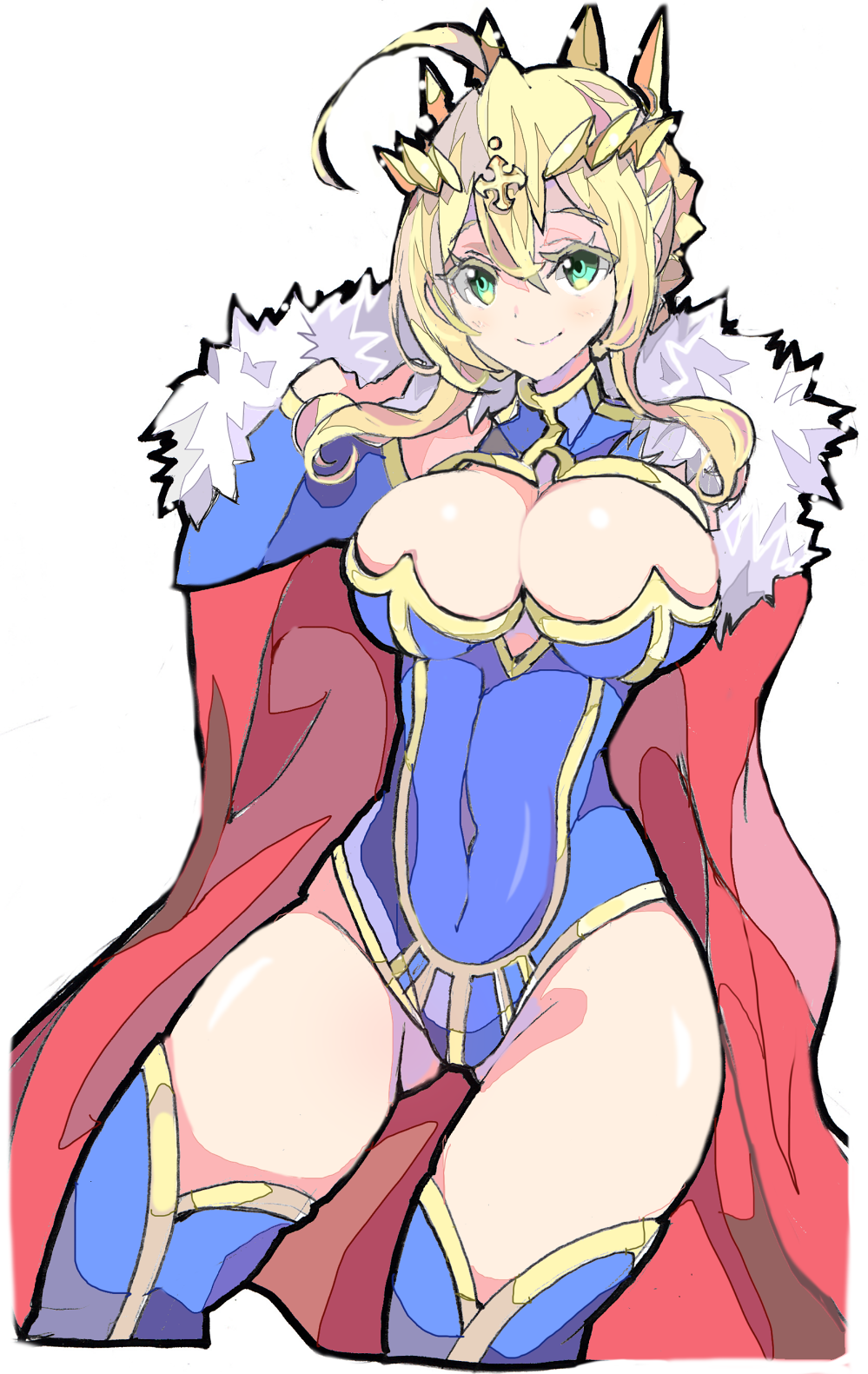 ahoge artoria_pendragon_(all) artoria_pendragon_(lancer) blonde_hair blue_legwear braid breasts cape closed_mouth crown enpe fate/grand_order fate_(series) french_braid fur-trimmed_cape fur_trim green_eyes highres large_breasts leotard red_cape simple_background smile solo thighhighs white_background