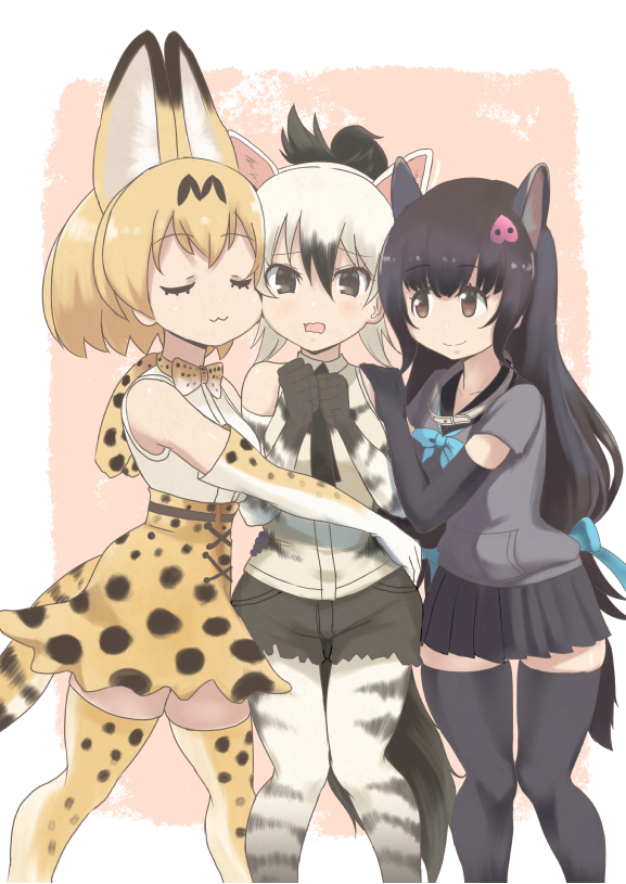 aardwolf_(kemono_friends) aardwolf_ears aardwolf_tail animal_ears bangs bare_shoulders black_hair black_shorts blonde_hair blush bow bowtie brown_eyes cheek-to-cheek closed_eyes closed_mouth collar collared_peccary_(kemono_friends) collared_shirt commentary_request cowboy_shot cutoffs dangorou_(yushi-art) elbow_gloves extra_ears eyebrows_visible_through_hair girl_sandwich gloves hair_between_eyes hair_bow hair_ornament hand_on_another's_hip hand_on_another's_shoulder hand_up hands_together hands_up high-waist_skirt hug kemono_friends kemono_friends_festival long_hair looking_at_another low-tied_long_hair medium_hair miniskirt multicolored_hair multiple_girls necktie open_mouth pantyhose pantyhose_under_shorts peccary_ears peccary_tail pocket print_gloves print_legwear print_neckwear print_shirt print_skirt sandwiched serval_(kemono_friends) serval_ears serval_print serval_tail shirt short_sleeves shorts skindentation skirt sleeveless sleeveless_shirt smile standing striped_tail sweater tail thigh_gap thighhighs two-tone_hair wavy_mouth white_hair zettai_ryouiki |3