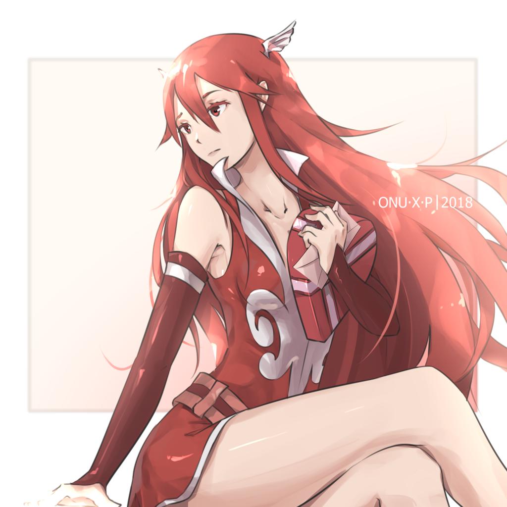 belt feet_out_of_frame fire_emblem fire_emblem:_kakusei fire_emblem_heroes hair_ornament long_hair looking_away red_clothes red_eyes red_hair siegzeonu simple_background solo thighs tiamo white_background