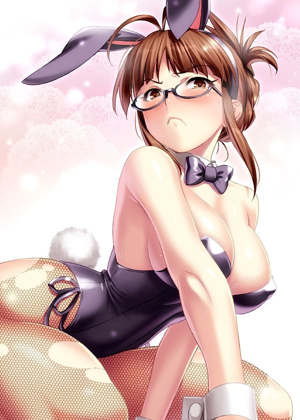 akizuki_ritsuko animal_ears antenna_hair black_leotard black_neckwear blush bow bowtie breasts brown_eyes brown_hair bunny_ears bunny_tail bunnysuit cleavage detached_collar embarrassed fake_animal_ears fishnet_pantyhose fishnets folded_ponytail frown glasses hairband idolmaster idolmaster_(classic) idolmaster_2 large_breasts leotard looking_at_viewer pantyhose solo strapless strapless_leotard tail torn_clothes torn_legwear wrist_cuffs zen