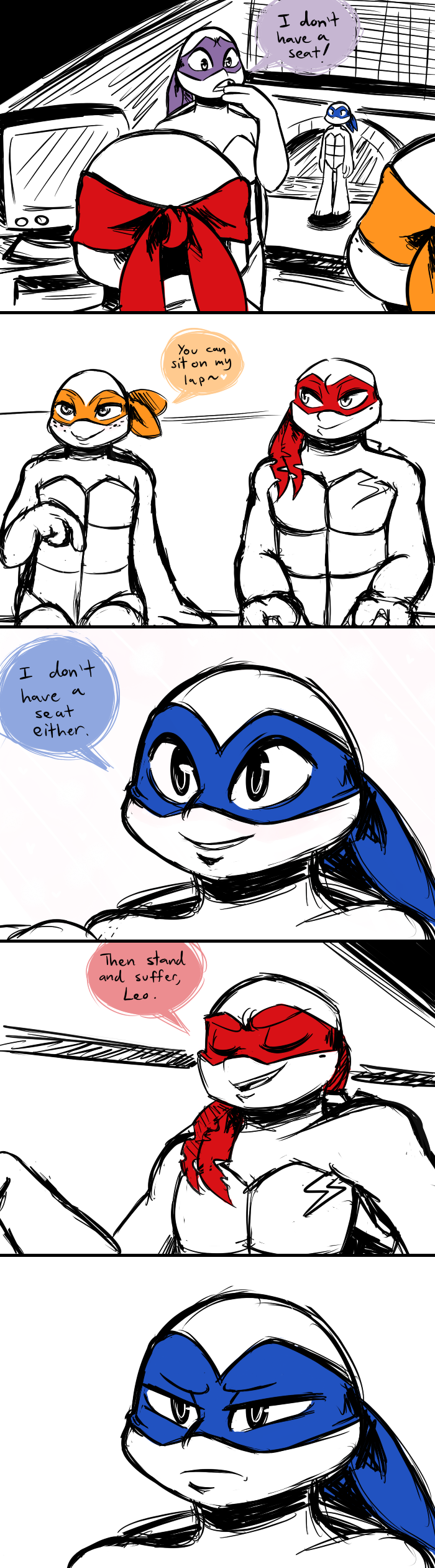 2018 anthro bandanna chipped_shell comic dialogue donatello_(tmnt) english_text freckles group humor inkyfrog inside leonardo_(tmnt) male mask michelangelo_(tmnt) mole_(marking) partially_colored raphael_(tmnt) reptile scalie shell sitting speech_bubble standing teenage_mutant_ninja_turtles television text tooth_gap turtle